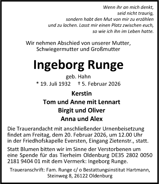 Traueranzeige von Ingeborg Runge von Nordwest-Zeitung