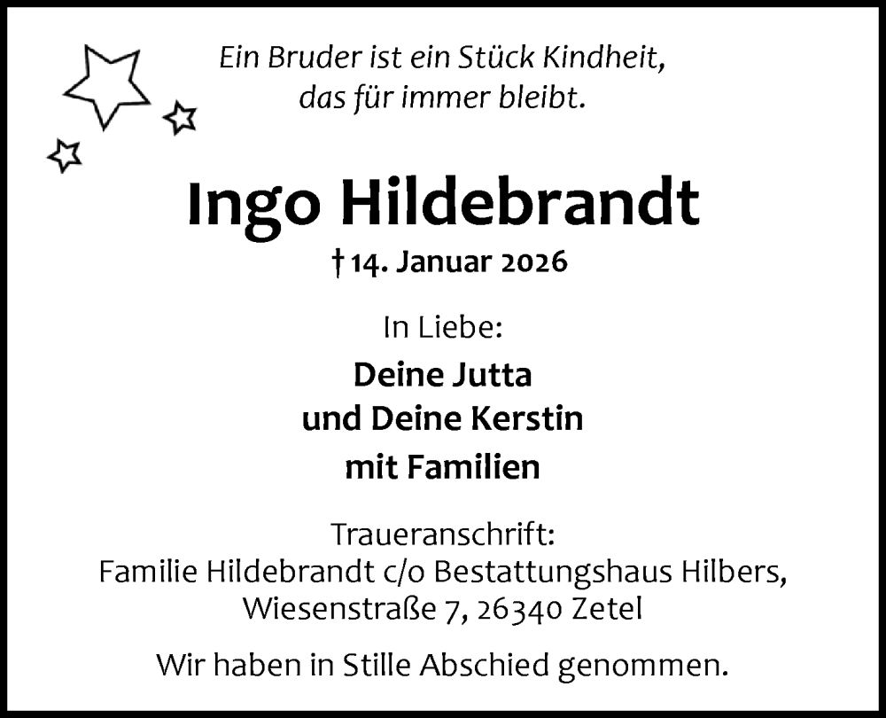 Traueranzeige für Ingo Hildebrandt vom 04.02.2026 aus Nordwest-Zeitung