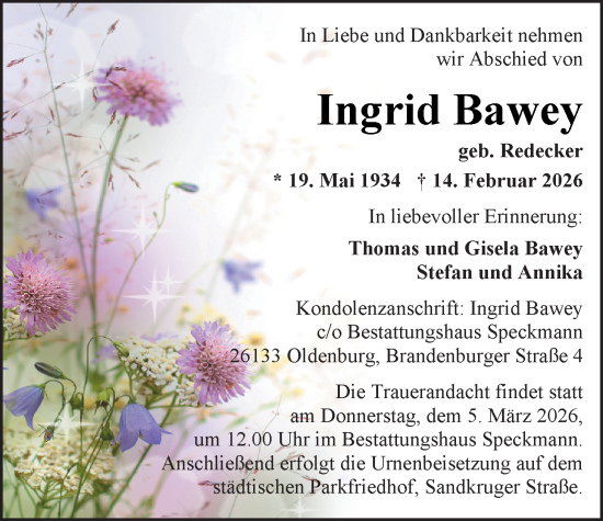 Traueranzeige von Ingrid Bawey von Nordwest-Zeitung
