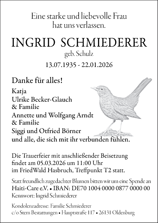 Traueranzeige von Ingrid Schmiederer von Nordwest-Zeitung