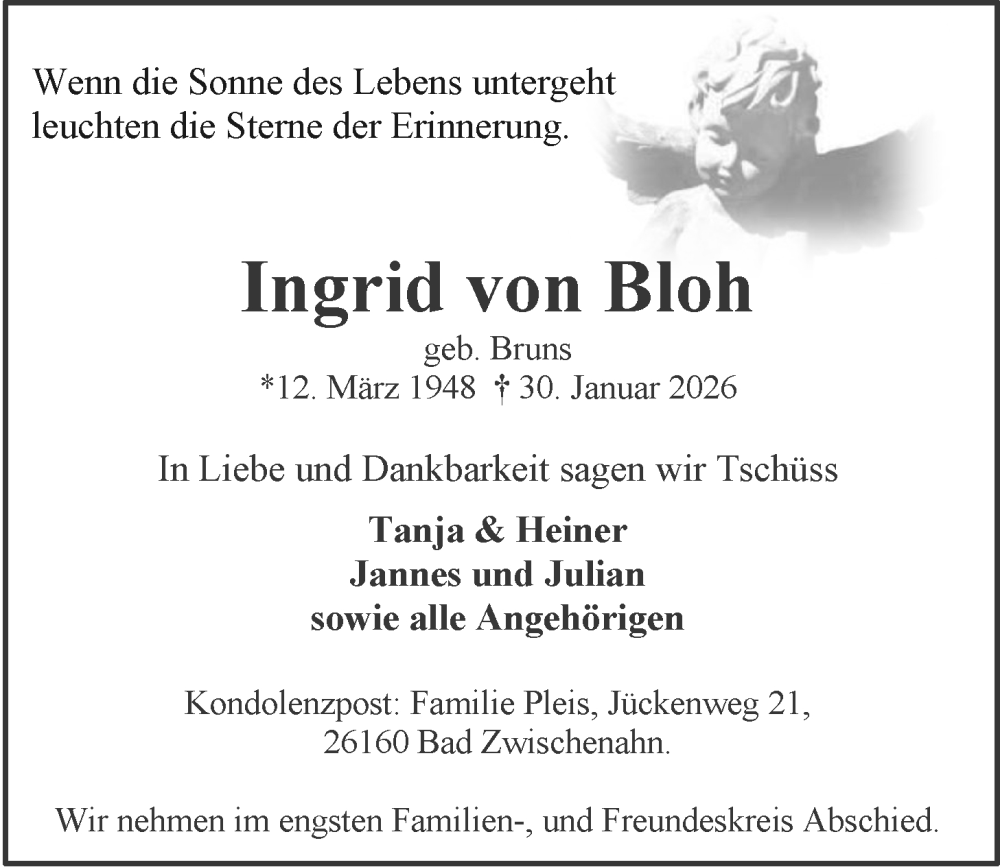  Traueranzeige für Ingrid von Bloh vom 07.02.2026 aus Nordwest-Zeitung