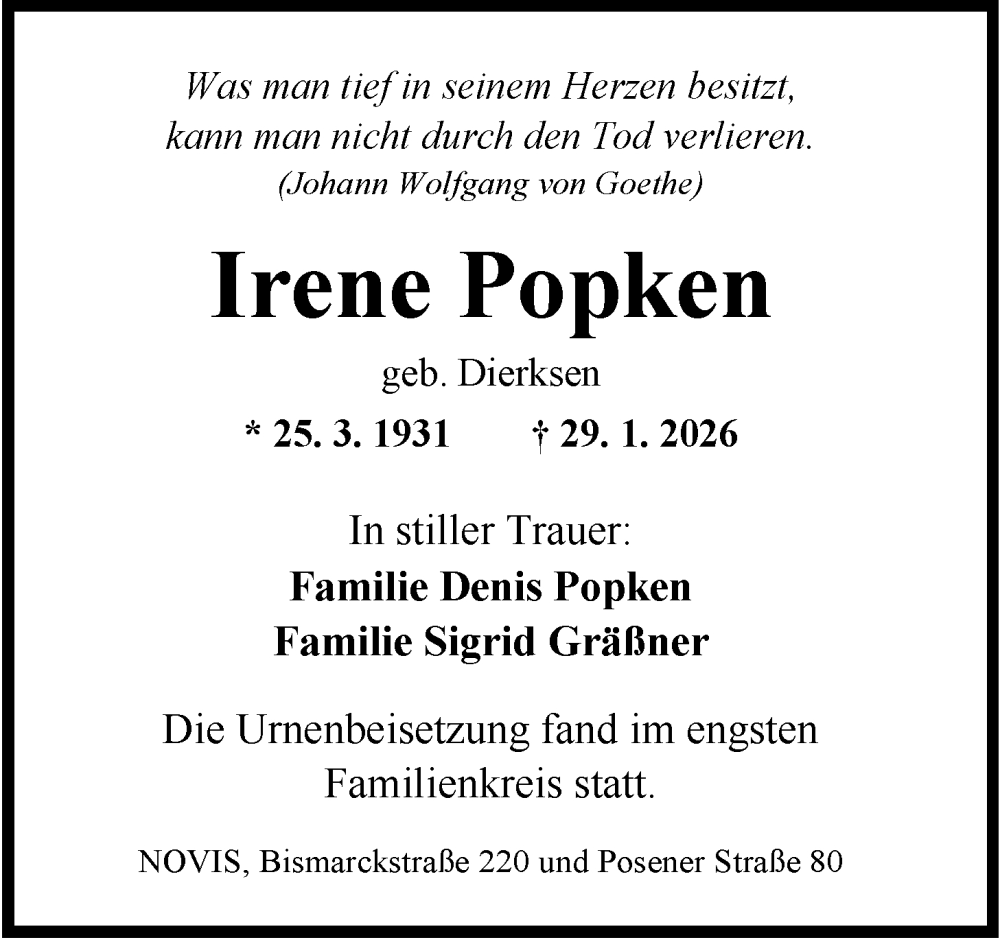  Traueranzeige für Irene Popken vom 21.02.2026 aus WZ/JW/AH