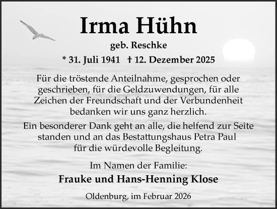 Traueranzeige von Irma Hühn von Nordwest-Zeitung