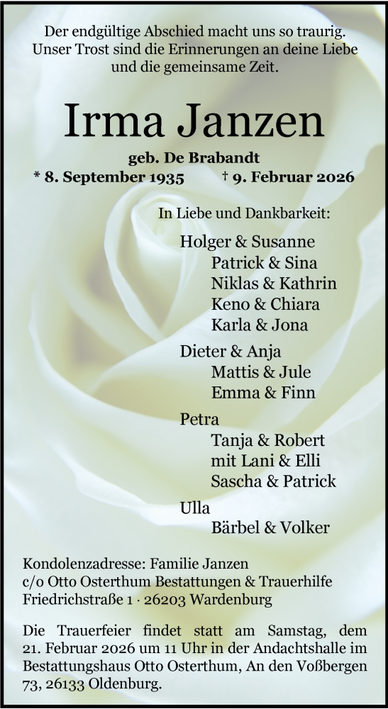  Traueranzeige für Irma Janzen vom 14.02.2026 aus Nordwest-Zeitung
