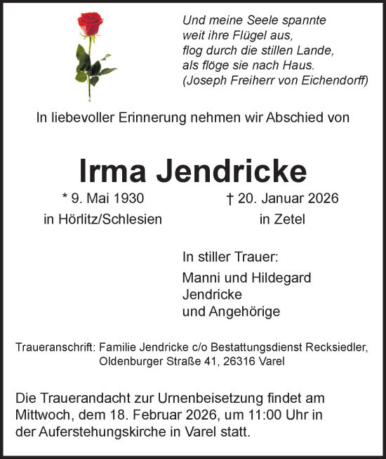Traueranzeige von Irma Jendricke von Nordwest-Zeitung