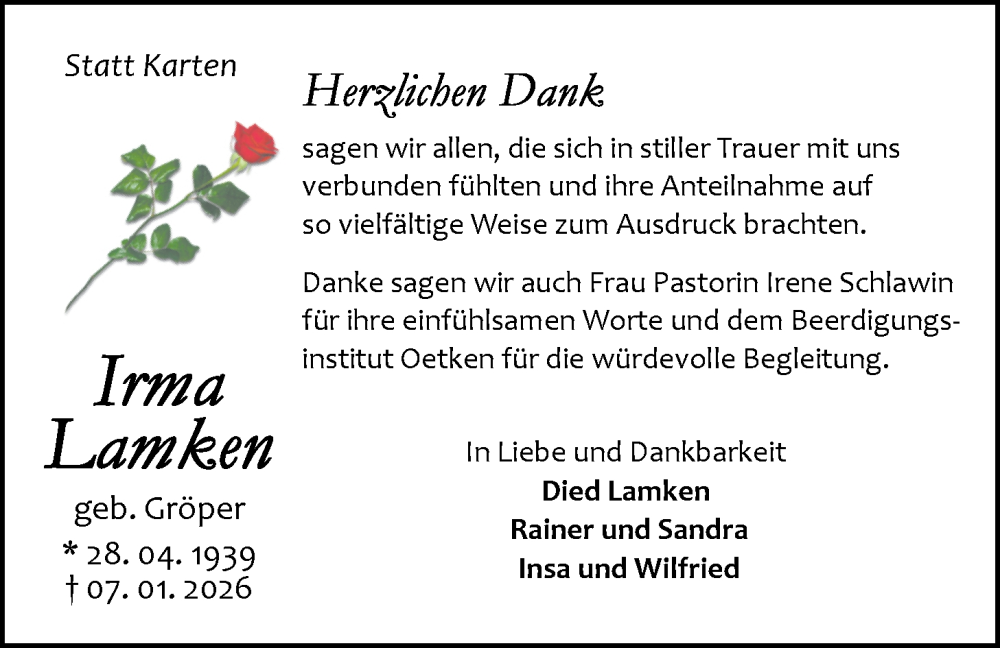  Traueranzeige für Irma Lamken vom 14.02.2026 aus Nordwest-Zeitung
