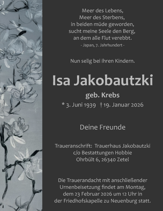 Traueranzeige von Isa Jakobautzki von Nordwest-Zeitung