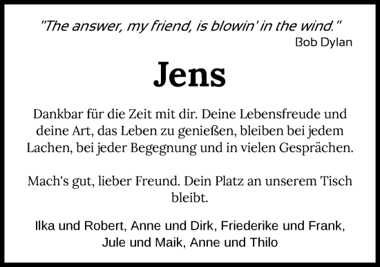 Traueranzeige von Jens Hambach von Nordwest-Zeitung