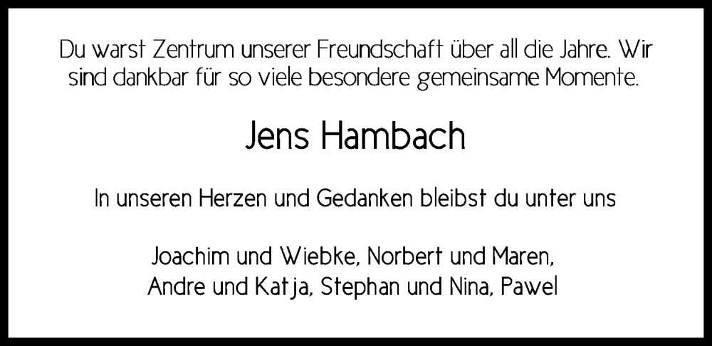  Traueranzeige für Jens Hambach vom 07.02.2026 aus Nordwest-Zeitung