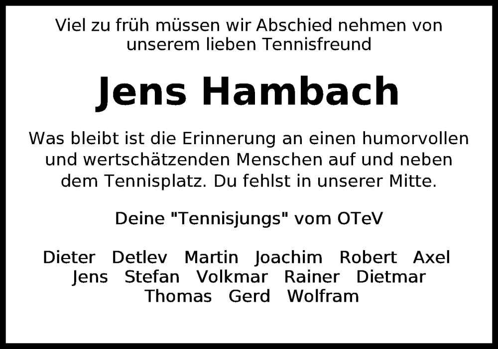  Traueranzeige für Jens Hambach vom 07.02.2026 aus Nordwest-Zeitung