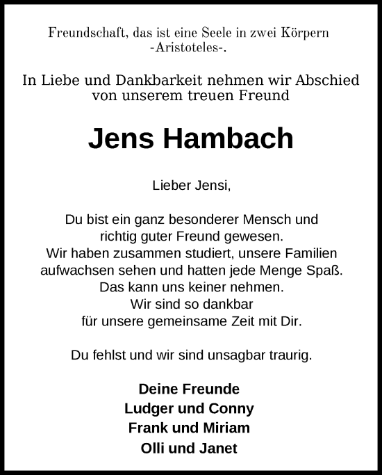 Traueranzeige von Jens Hambach von Nordwest-Zeitung