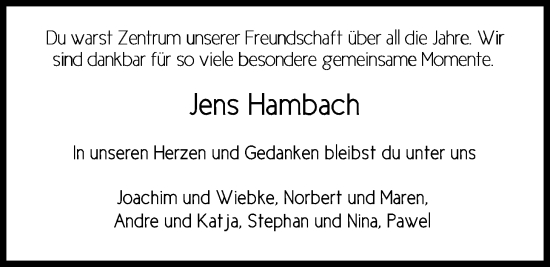 Traueranzeige von Jens Hambach von Nordwest-Zeitung