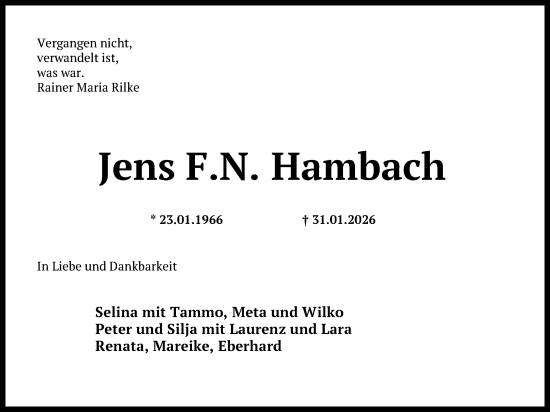 Traueranzeige von Jens F.N. Hambach von Nordwest-Zeitung