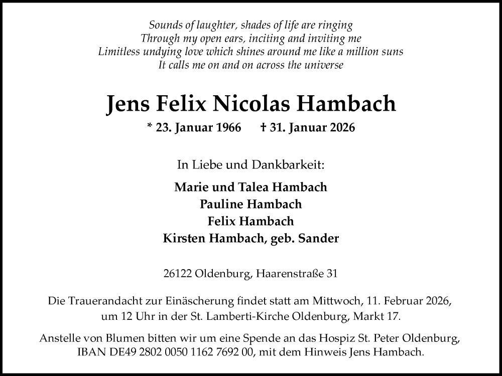  Traueranzeige für Jens Felix Nicolas Hambach vom 07.02.2026 aus Nordwest-Zeitung