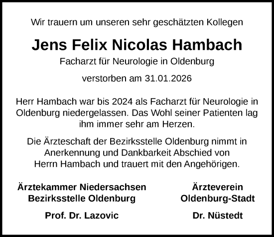Traueranzeige von Jens Felix Nicolas Hambach von Nordwest-Zeitung