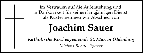 Traueranzeige von Joachim Sauer von Nordwest-Zeitung