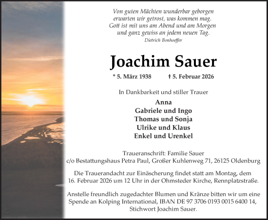 Traueranzeige von Joachim Sauer von Nordwest-Zeitung