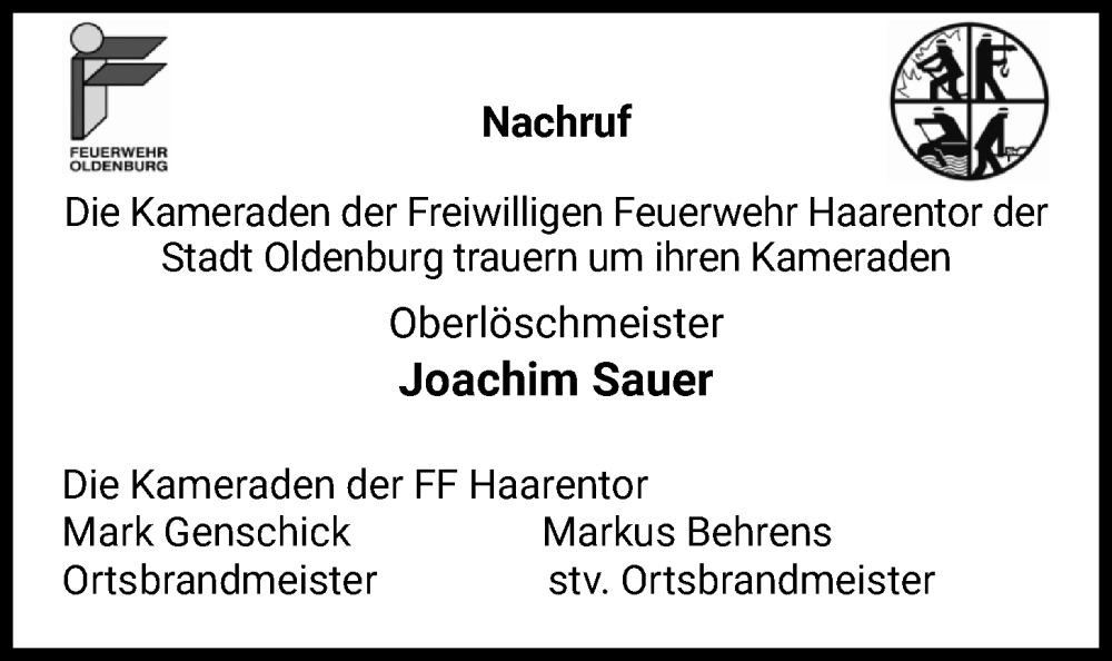  Traueranzeige für Joachim Sauer vom 13.02.2026 aus Nordwest-Zeitung
