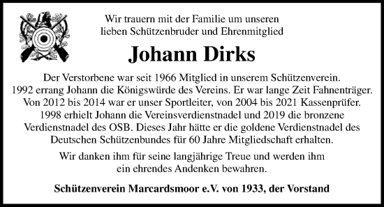 Traueranzeige von Johann Dirks von WZ/JW/AH
