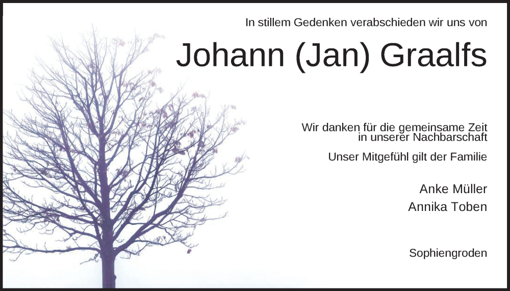  Traueranzeige für Johann Graalfs vom 02.02.2026 aus WZ/JW/AH