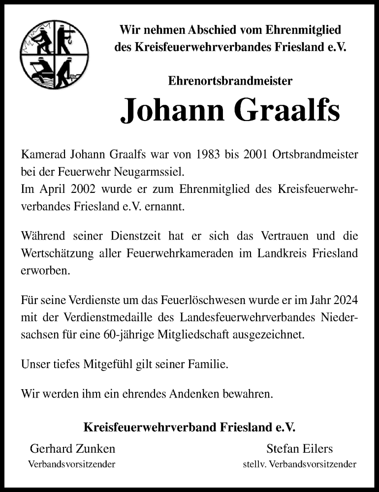  Traueranzeige für Johann Graalfs vom 03.02.2026 aus WZ/JW/AH