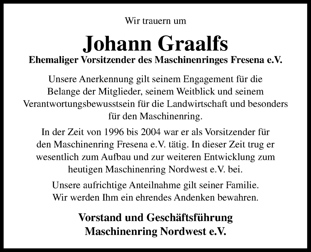  Traueranzeige für Johann Graalfs vom 03.02.2026 aus WZ/JW/AH