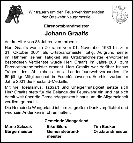 Traueranzeige von Johann Graalfs von WZ/JW/AH