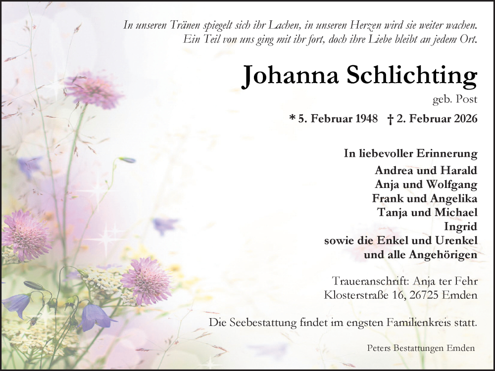  Traueranzeige für Johanna Schlichting vom 07.02.2026 aus Emder Zeitung