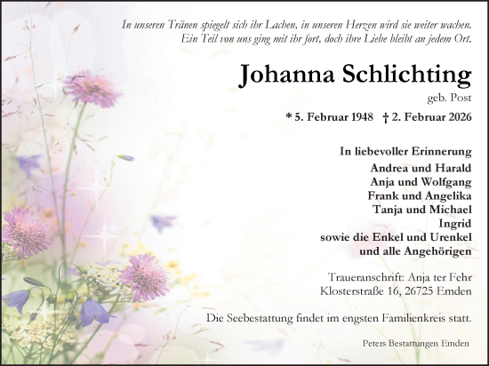 Traueranzeige von Johanna Schlichting von Emder Zeitung