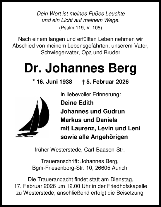 Traueranzeige von Johannes Berg von Nordwest-Zeitung