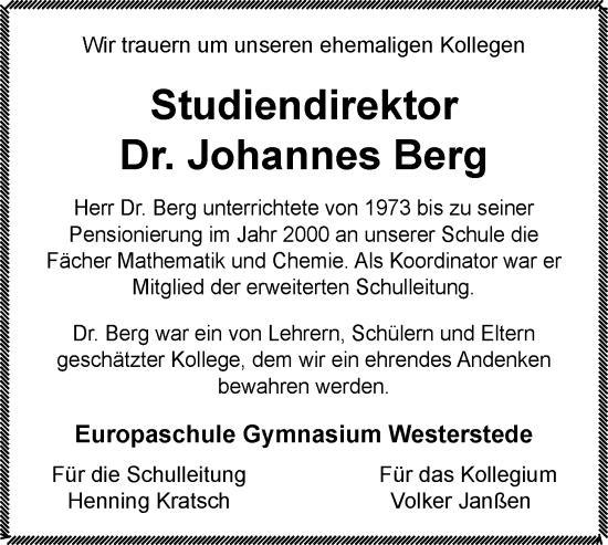 Traueranzeige von Johannes Berg von Nordwest-Zeitung
