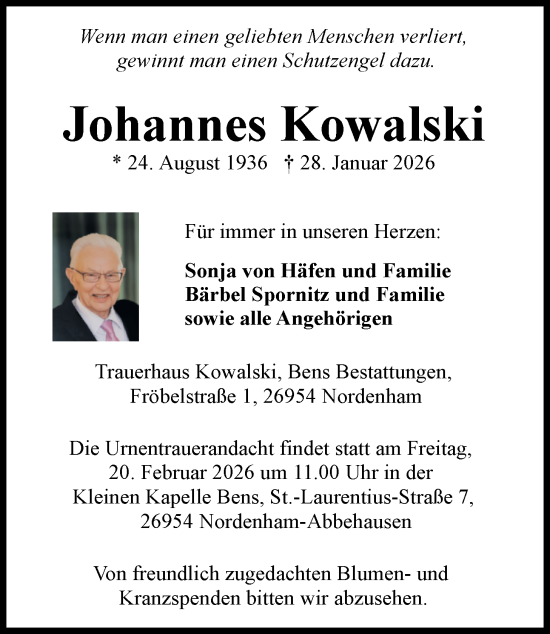 Traueranzeige von Johannes Kowalski von Nordwest-Zeitung