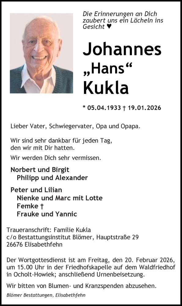  Traueranzeige für Johannes Kukla vom 14.02.2026 aus Nordwest-Zeitung