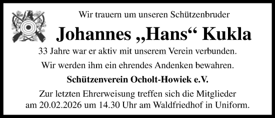 Traueranzeige von Johannes Kukla von Nordwest-Zeitung
