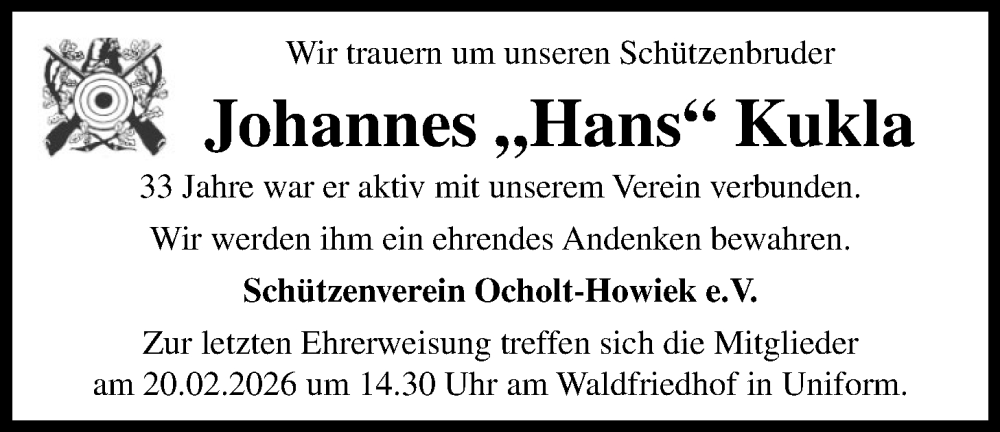  Traueranzeige für Johannes Kukla vom 14.02.2026 aus Nordwest-Zeitung