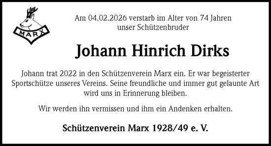 Traueranzeige von Johann Hinrich Dirks von WZ/JW/AH
