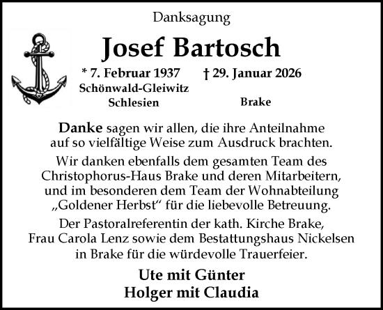 Traueranzeige von Josef Bartosch von Nordwest-Zeitung