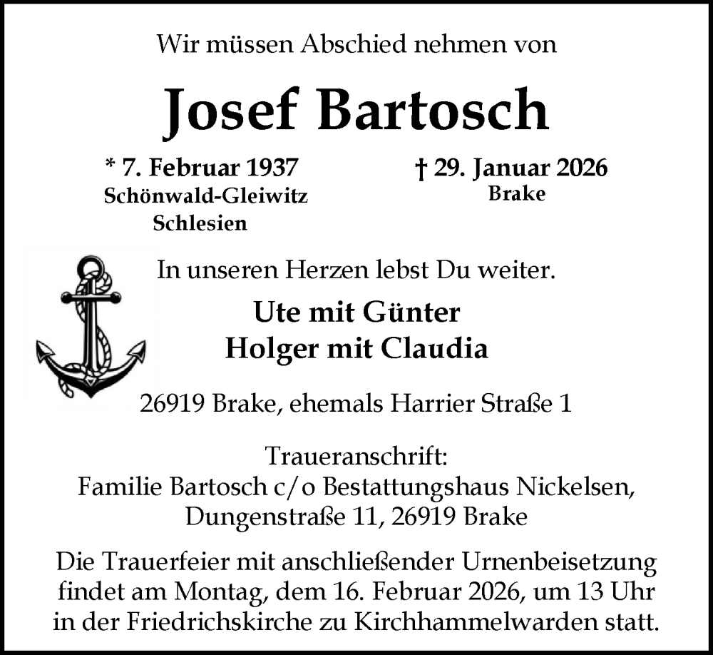  Traueranzeige für Josef Bartosch vom 06.02.2026 aus Nordwest-Zeitung