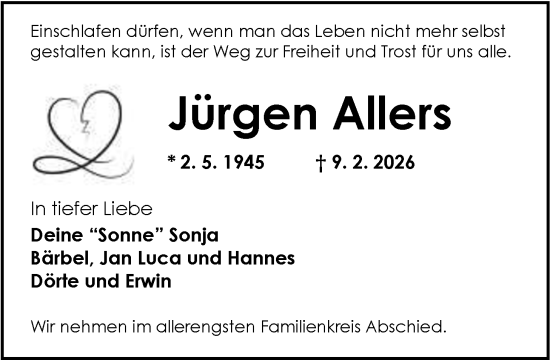 Traueranzeige von Jürgen Allers von Nordwest-Zeitung