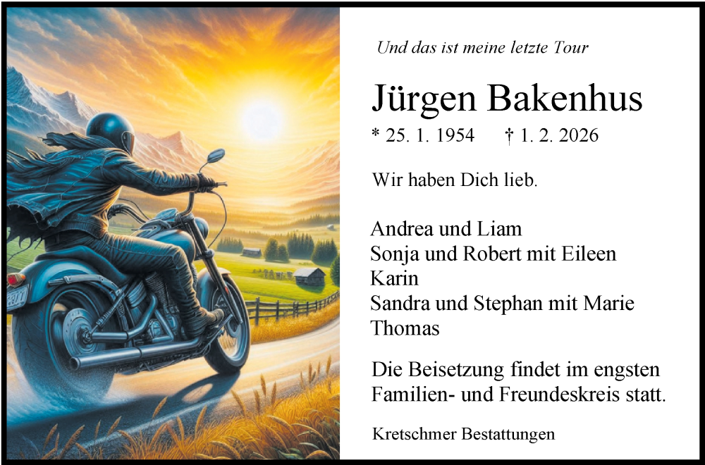  Traueranzeige für Jürgen Bakenhus vom 07.02.2026 aus WZ/JW/AH