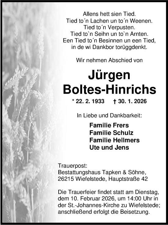 Traueranzeige von Jürgen Boltes-Hinrichs von Nordwest-Zeitung