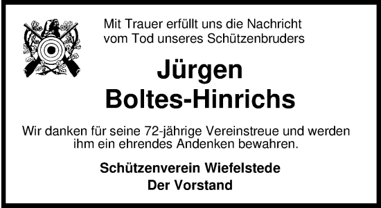 Traueranzeige von Jürgen Boltes-Hinrichs von Nordwest-Zeitung