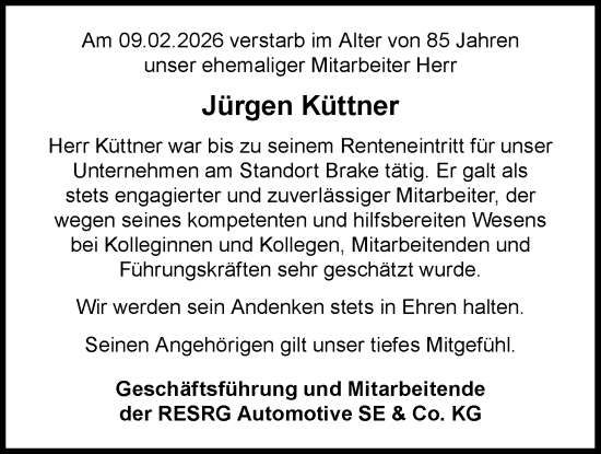 Traueranzeige von Jürgen Küttner von Nordwest-Zeitung
