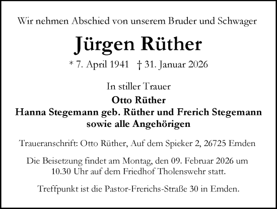 Traueranzeige von Jürgen Rüther von Emder Zeitung