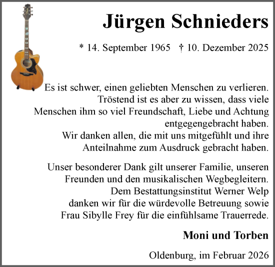 Traueranzeige von Jürgen Schnieders von Nordwest-Zeitung