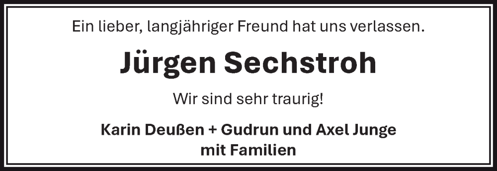 Traueranzeige für Jürgen Sechstroh vom 07.02.2026 aus WZ/JW/AH