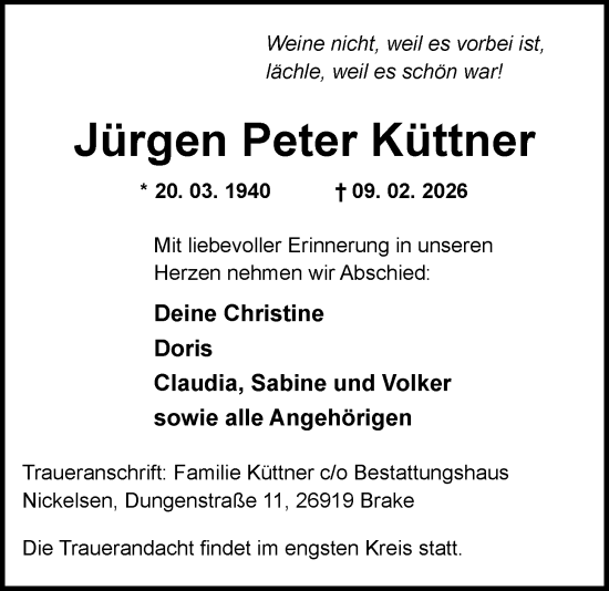 Traueranzeige von Jürgen Peter Küttner von Nordwest-Zeitung