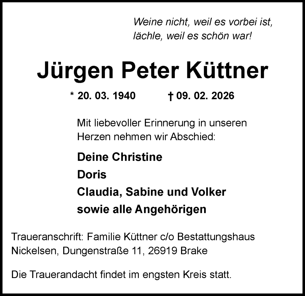  Traueranzeige für Jürgen Peter Küttner vom 21.02.2026 aus Nordwest-Zeitung