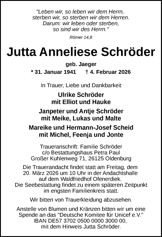 Traueranzeige von Jutta Anneliese Schröder von Nordwest-Zeitung