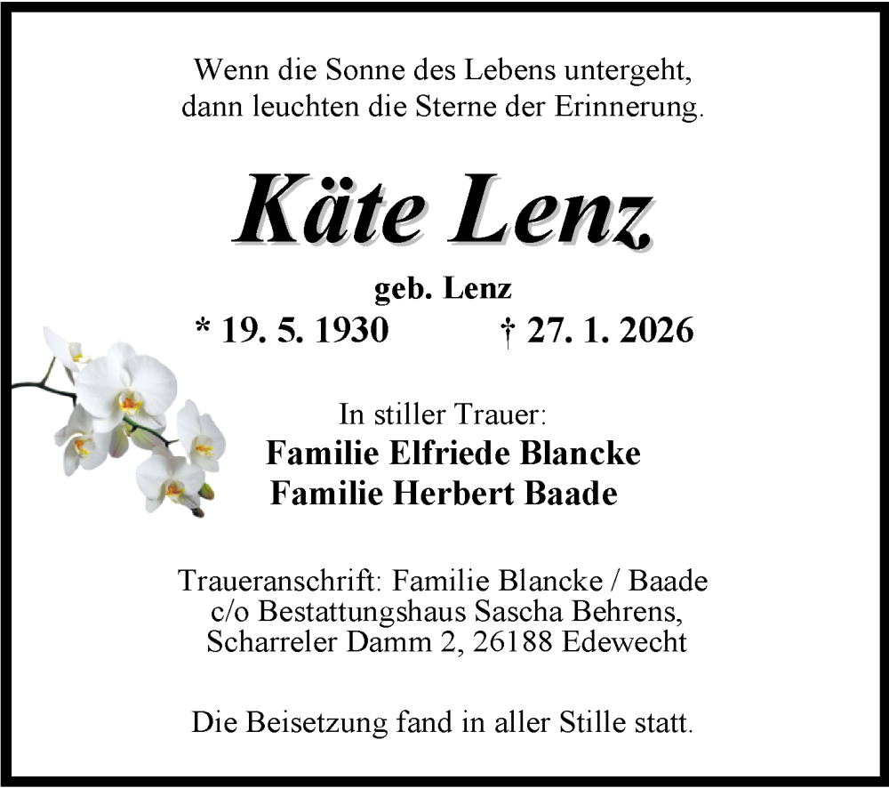  Traueranzeige für Käte Lenz vom 06.02.2026 aus Nordwest-Zeitung